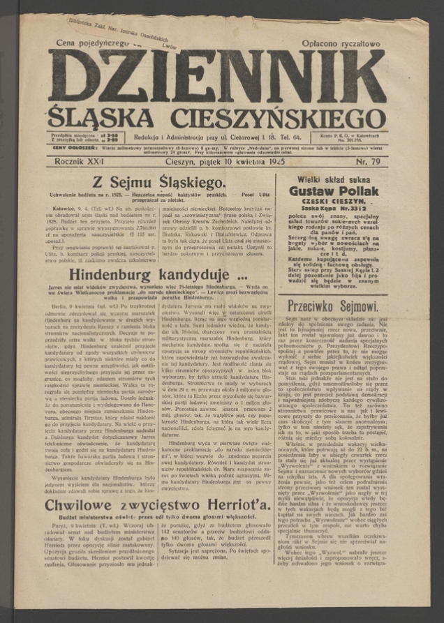 Dziennik Śląska Cieszyńskiego. Rocznik&nbsp;22, 1925, numer&nbsp;79