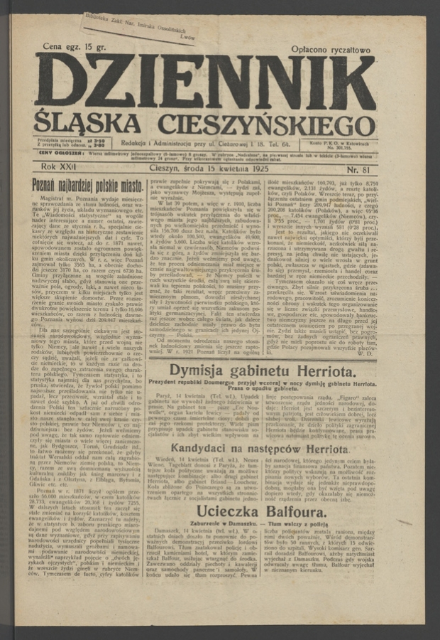 Dziennik Śląska Cieszyńskiego. Rok&nbsp;22, 1925, numer&nbsp;81