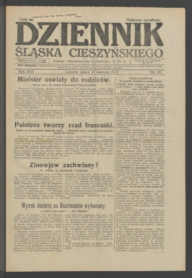 Dziennik Śląska Cieszyńskiego. Rok&nbsp;22, 1925, numer&nbsp;83