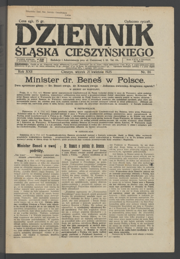 Dziennik Śląska Cieszyńskiego. Rok&nbsp;22, 1925, numer&nbsp;86