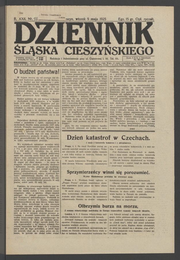 Dziennik Śląska Cieszyńskiego. Rok&nbsp;22, 1925, numer&nbsp;97
