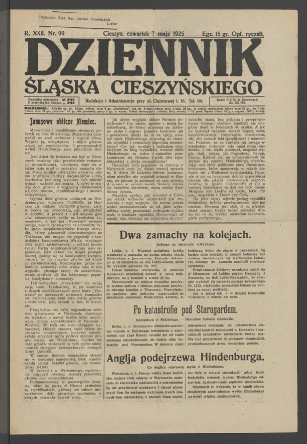Dziennik Śląska Cieszyńskiego. Rok&nbsp;22, 1925, numer&nbsp;99