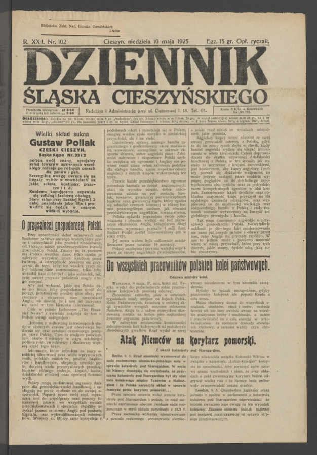 Dziennik Śląska Cieszyńskiego. Rok&nbsp;22, 1925, numer&nbsp;102