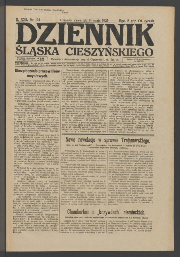Dziennik Śląska Cieszyńskiego. Rok&nbsp;22, 1925, numer&nbsp;105