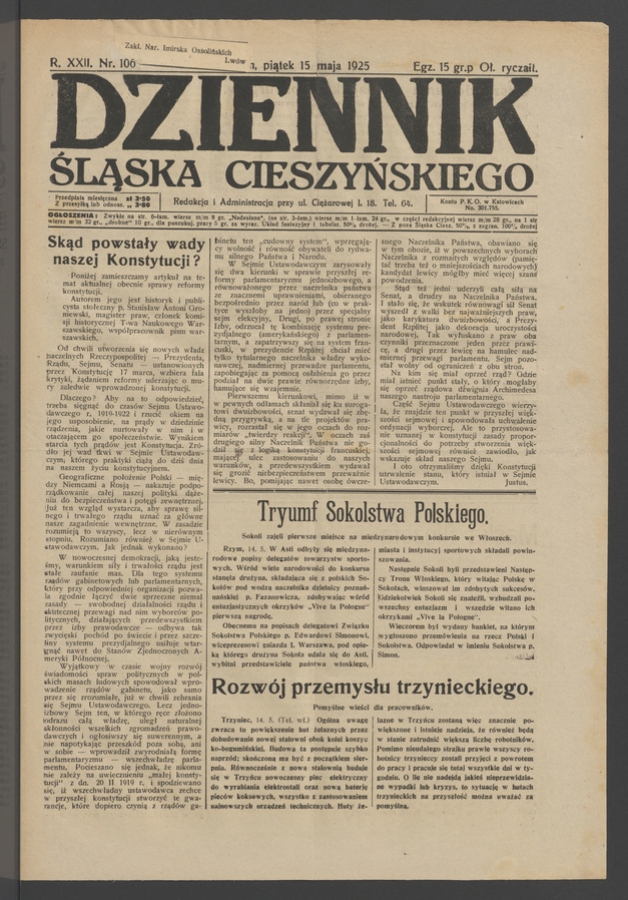 Dziennik Śląska Cieszyńskiego. Rok&nbsp;22, 1925, numer&nbsp;106