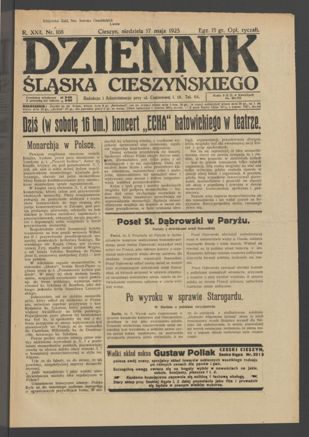 Dziennik Śląska Cieszyńskiego. Rok&nbsp;22, 1925, numer&nbsp;108