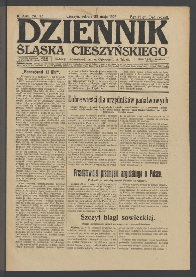 Dziennik Śląska Cieszyńskiego. Rok&nbsp;22, 1925, numer&nbsp;112