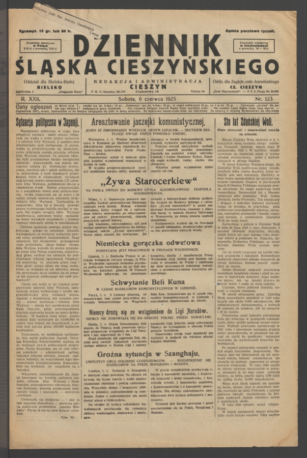 Dziennik Śląska Cieszyńskiego. Rok&nbsp;22, 1925, numer&nbsp;123