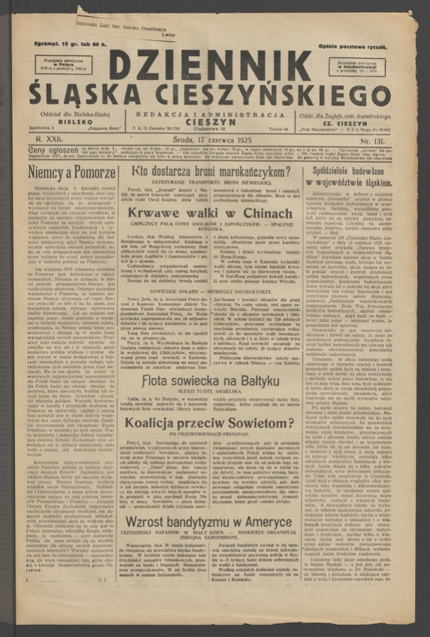 Dziennik Śląska Cieszyńskiego. Rok&nbsp;22, 1925, numer&nbsp;131