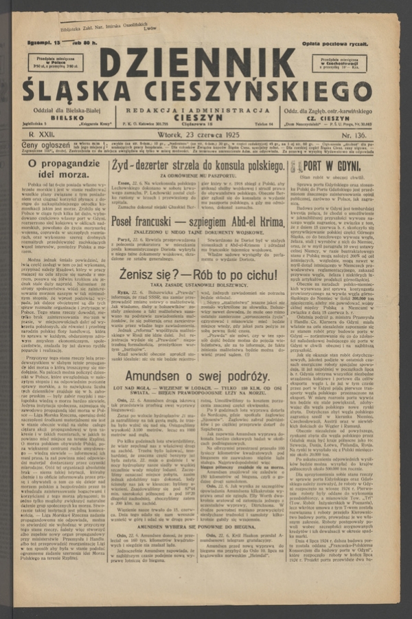 Dziennik Śląska Cieszyńskiego. Rok&nbsp;22, 1925, numer&nbsp;136