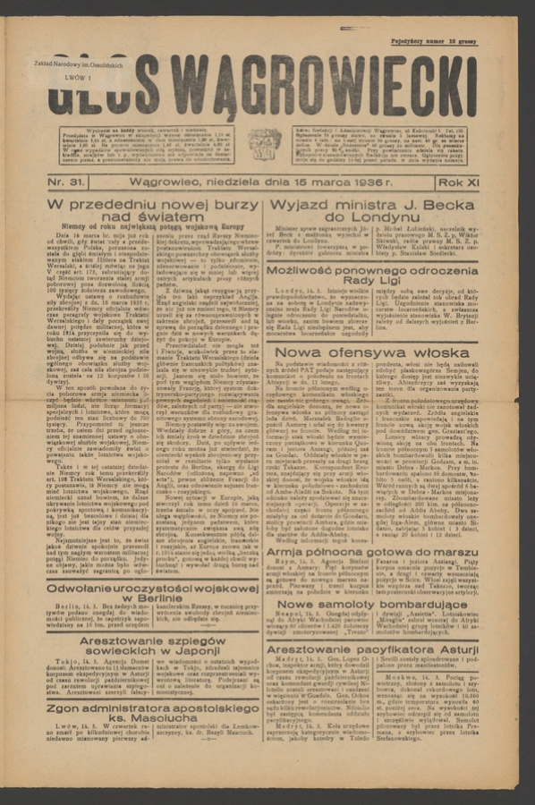 Głos Wągrowiecki. Rok&nbsp;11, 1936, numer&nbsp;31