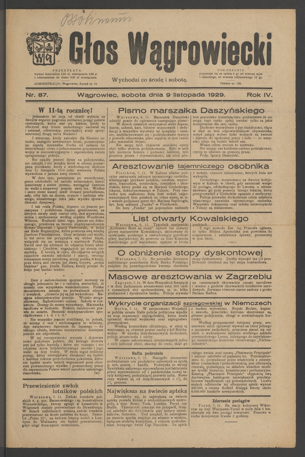 Głos Wągrowiecki. Rok&nbsp;4, 1929, numer&nbsp;87