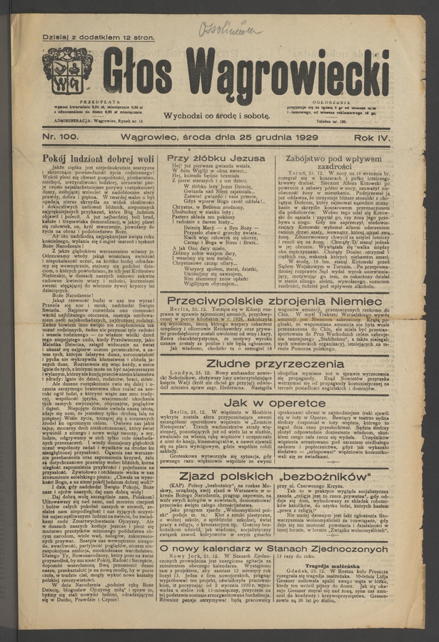 Głos Wągrowiecki. Rok&nbsp;4, 1929, numer&nbsp;100