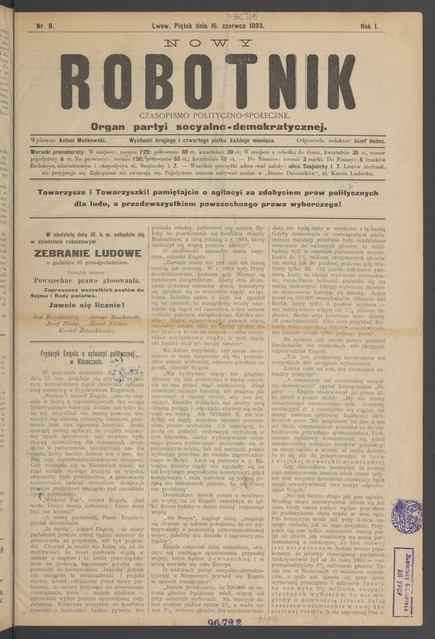 Nowy Robotnik&nbsp;: czasopismo polityczno-społeczne&nbsp;: organ partyi socyalno-demokratycznej. Rok&nbsp;1, 1893, numer&nbsp;8