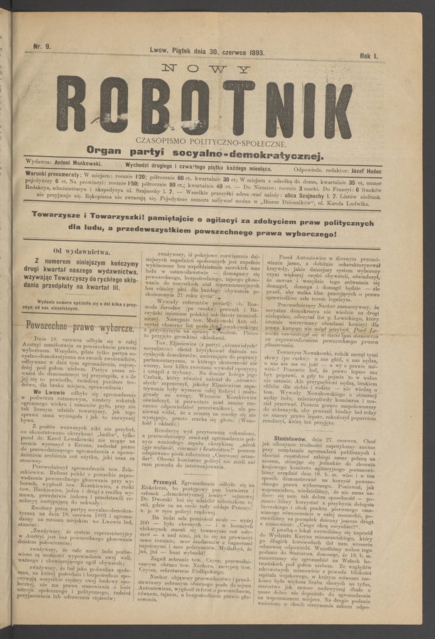 Nowy Robotnik&nbsp;: czasopismo polityczno-społeczne&nbsp;: organ partyi socyalno-demokratycznej. Rok&nbsp;1, 1893, numer&nbsp;9