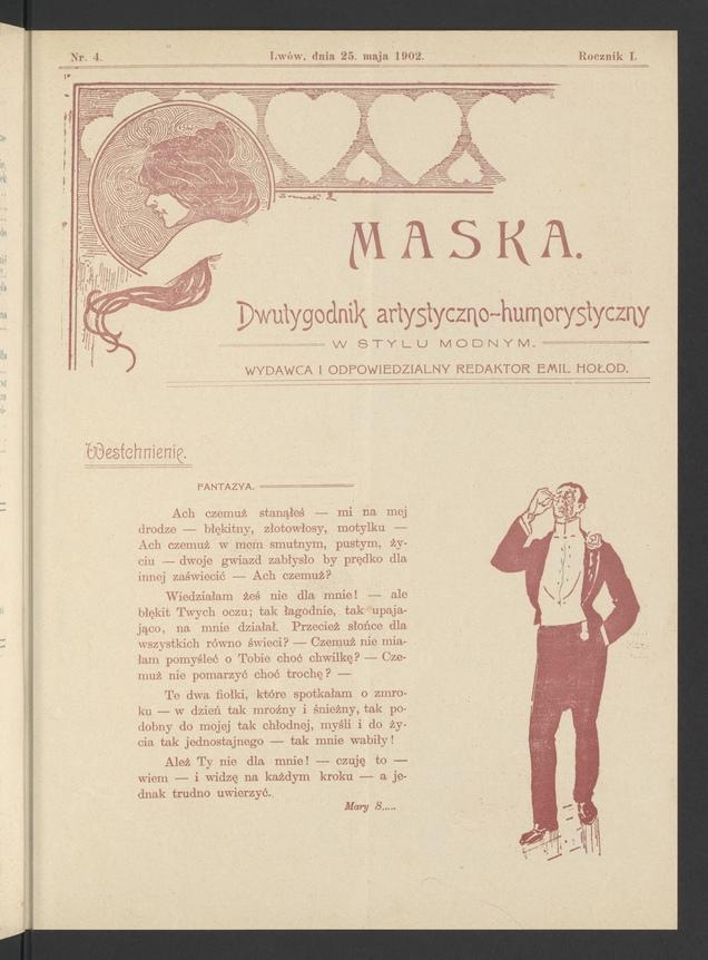 Maska&nbsp;: dwutygodnik artystyczno-humorystyczny w&nbsp;stylu modnym. Rocznik&nbsp;1, 1902, numer&nbsp;4