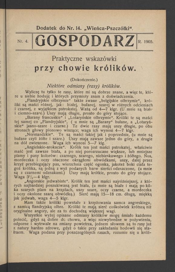 Gospodarz&nbsp;: dodatek do&nbsp;numeru&nbsp;14 &bdquo;Wieńca-Pszcz&oacute;łki&rdquo;. 1905, numer&nbsp;4