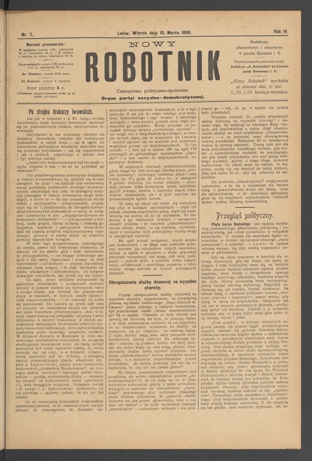Nowy Robotnik&nbsp;: czasopismo polityczno-społeczne&nbsp;: organ partyi socyalno-demokratycznej. Rok&nbsp;4, 1896, numer&nbsp;7