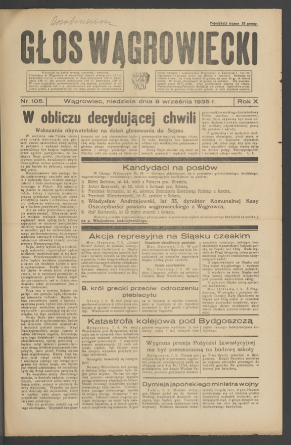 Głos Wągrowiecki. Rok&nbsp;10, 1935, numer&nbsp;105