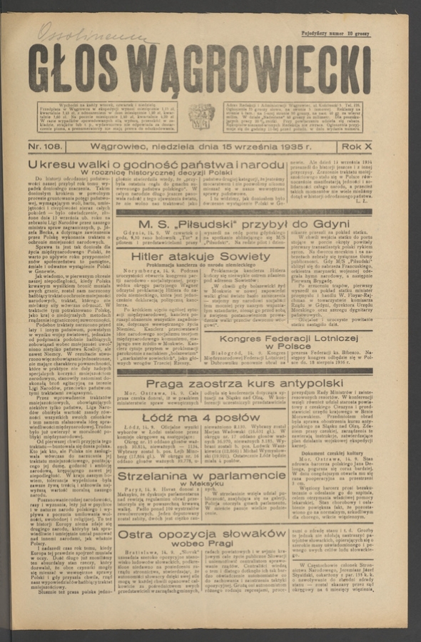 Głos Wągrowiecki. Rok&nbsp;10, 1935, numer&nbsp;108