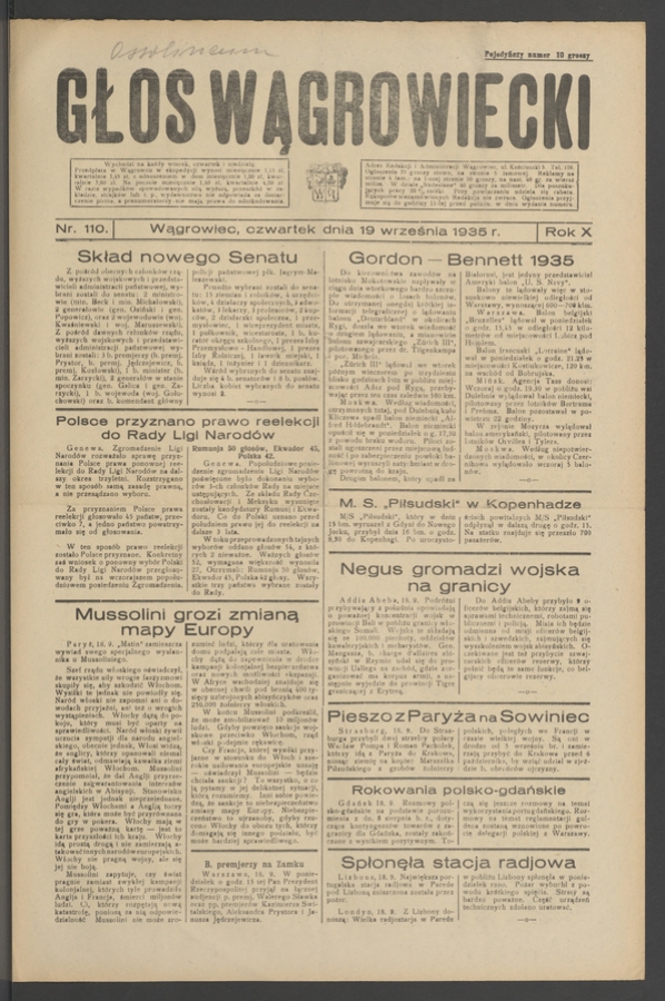 Głos Wągrowiecki. Rok&nbsp;10, 1935, numer&nbsp;110
