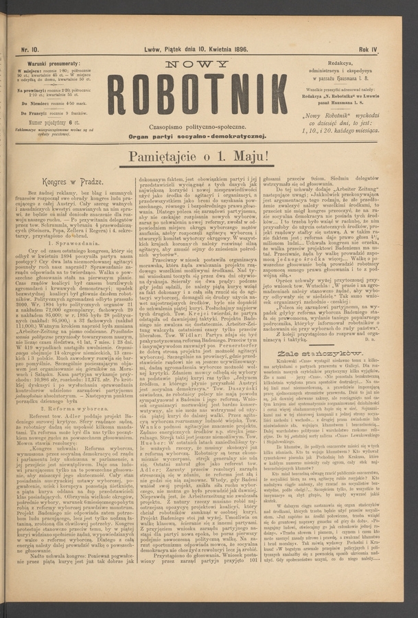 Nowy Robotnik&nbsp;: czasopismo polityczno-społeczne&nbsp;: organ partyi socyalno-demokratycznej. Rok&nbsp;4, 1896, numer&nbsp;10