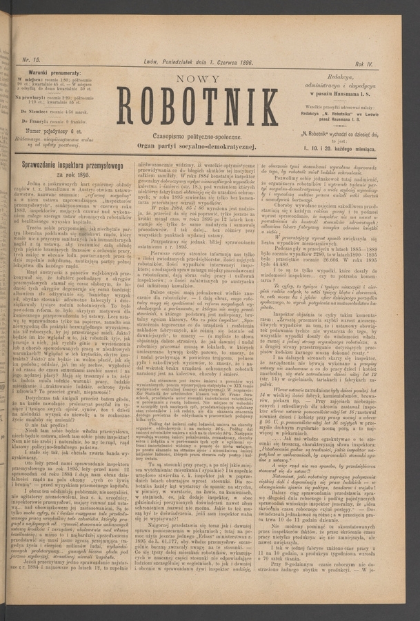 Nowy Robotnik&nbsp;: czasopismo polityczno-społeczne&nbsp;: organ partyi socyalno-demokratycznej. Rok&nbsp;4, 1896, numer&nbsp;15