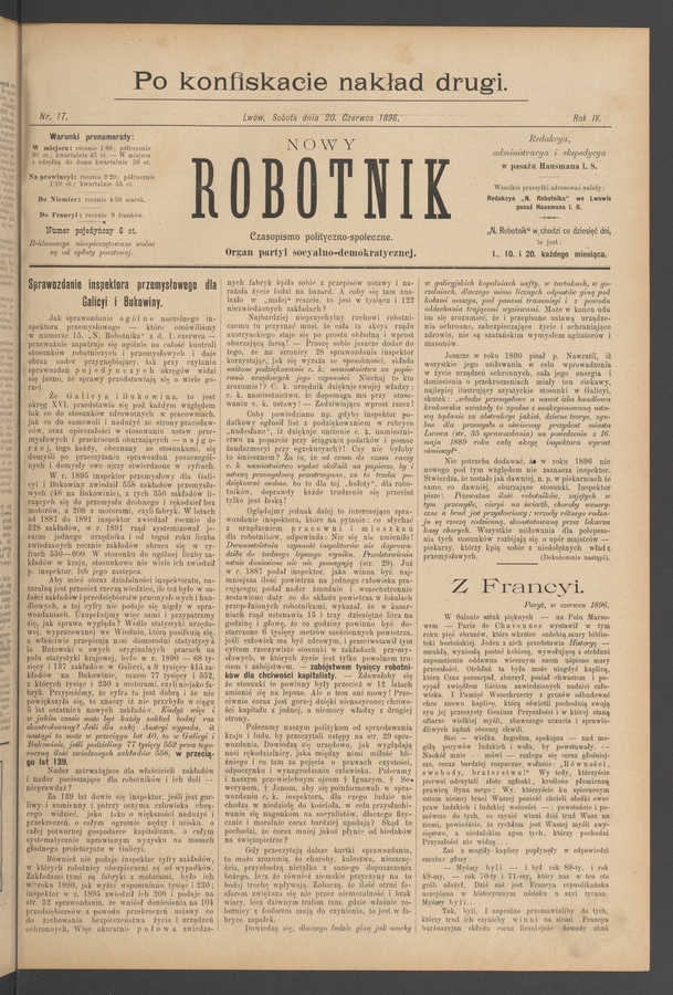 Nowy Robotnik&nbsp;: czasopismo polityczno-społeczne&nbsp;: organ partyi socyalno-demokratycznej. Rok&nbsp;4, 1896, numer&nbsp;17 (po konfiskacie nakład drugi)