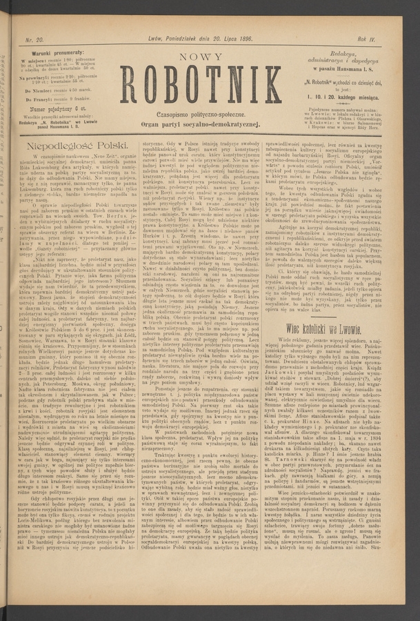 Nowy Robotnik&nbsp;: czasopismo polityczno-społeczne&nbsp;: organ partyi socyalno-demokratycznej. Rok&nbsp;4, 1896, numer&nbsp;20