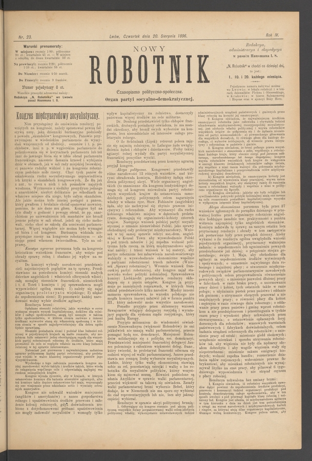 Nowy Robotnik&nbsp;: czasopismo polityczno-społeczne&nbsp;: organ partyi socyalno-demokratycznej. Rok&nbsp;4, 1896, numer&nbsp;23